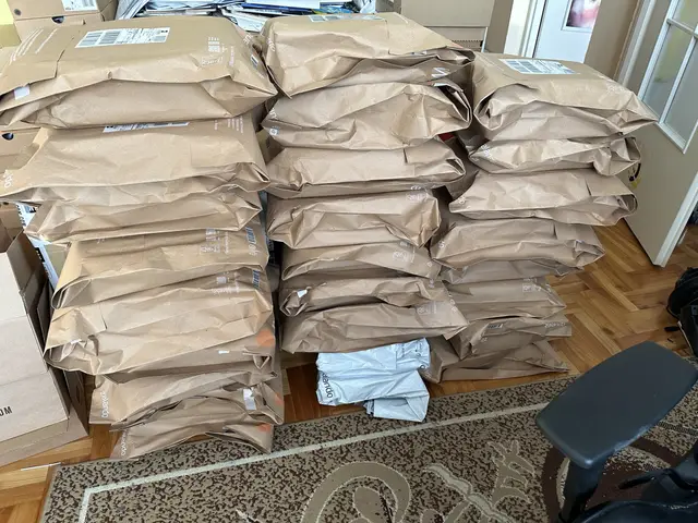 Dozens of unopened parcels stacked in a living room